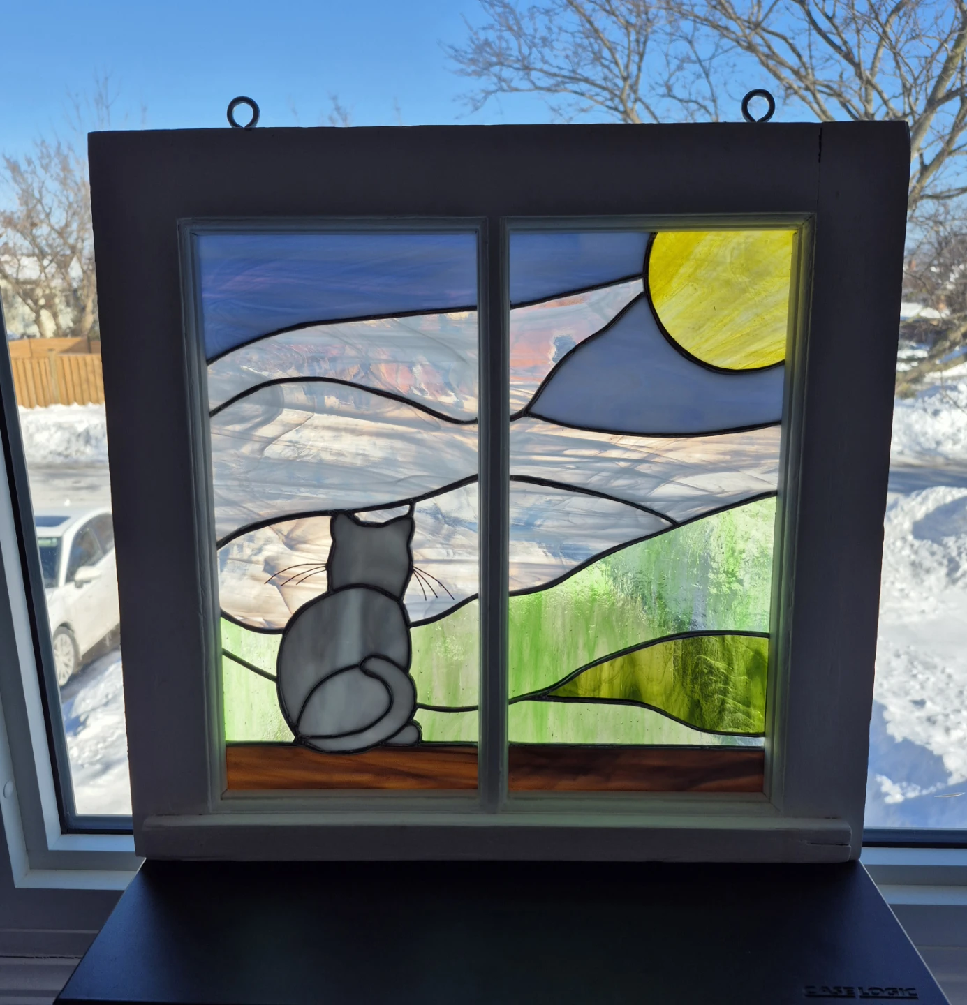 Stained glass scene with cat - photo 3