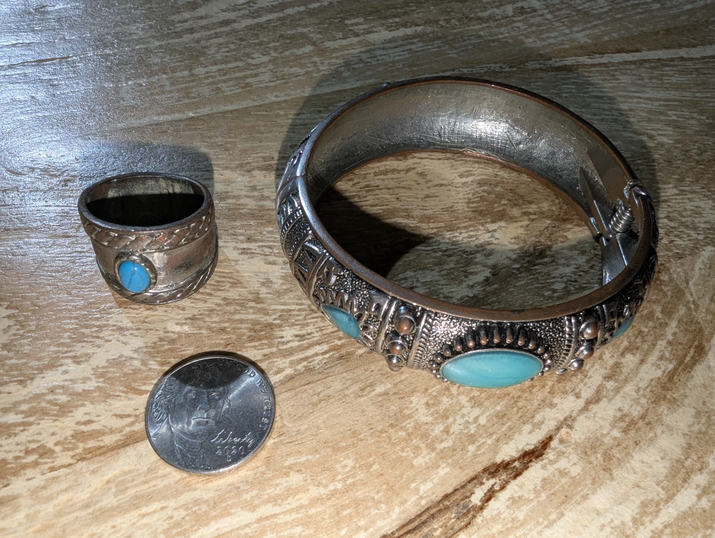 Silver Tone Bangle Bracelet with Turquoise Accents - photo 2