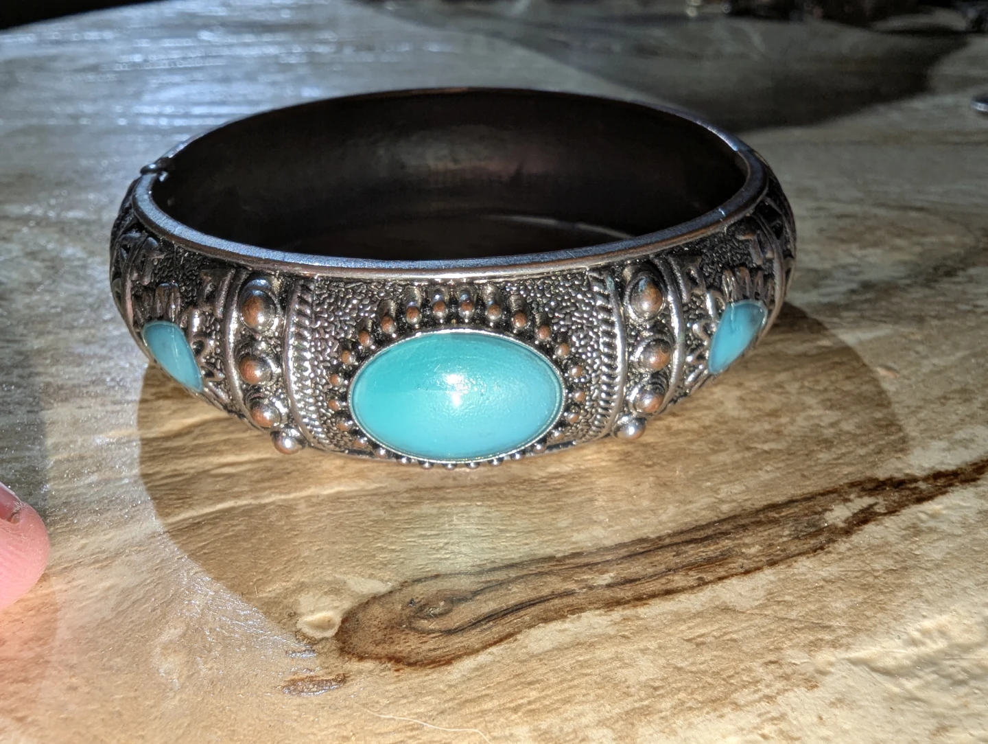 Silver Tone Bangle Bracelet with Turquoise Accents - photo 3
