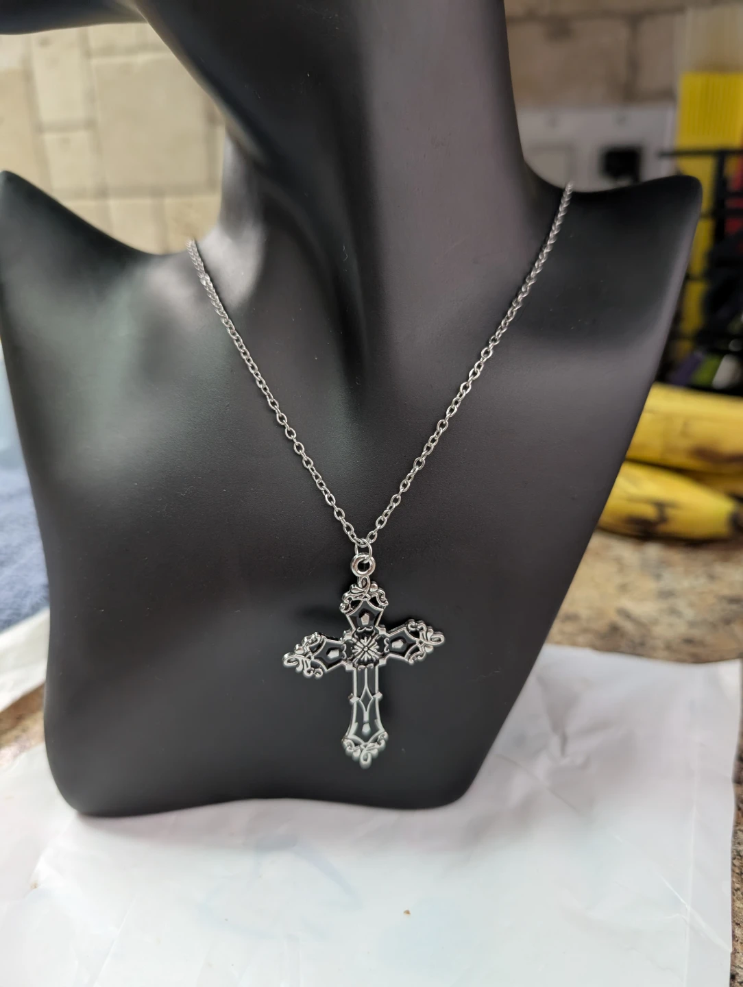 Gothic Ornate Silver-Tone Cross Pendant Necklace