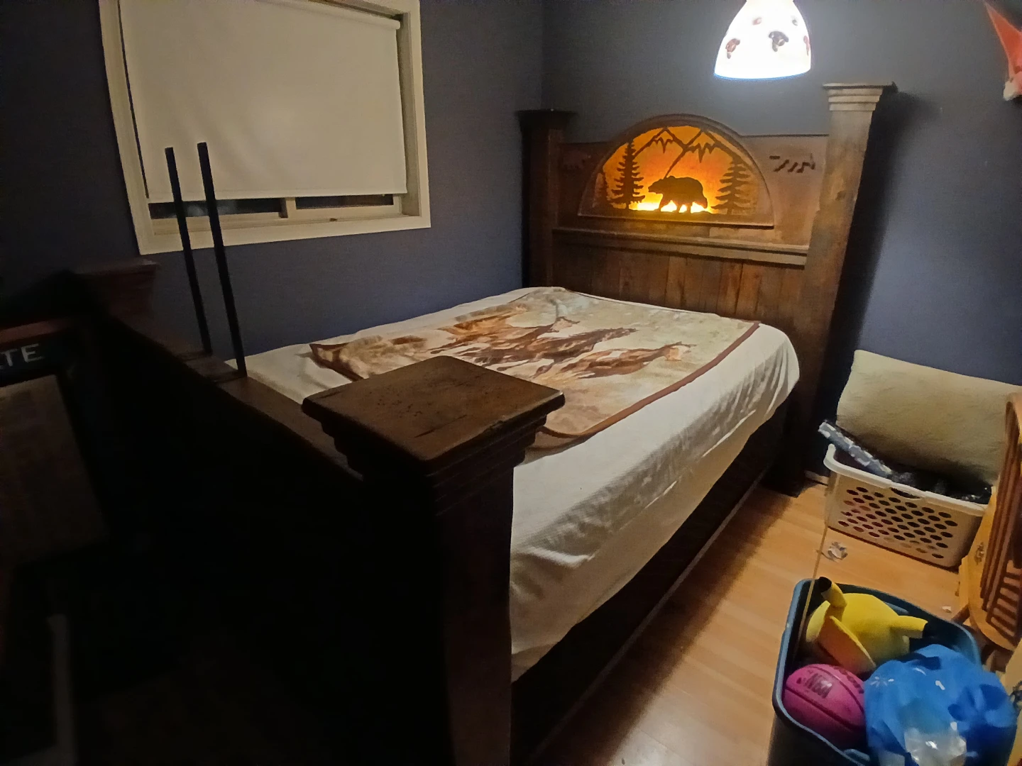 Rustic Wooden Bed Frame with Bear and Mountain Headboard