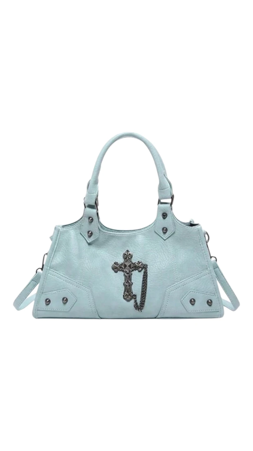 Light Blue Satchel Handbag with Cross Charm - photo 5
