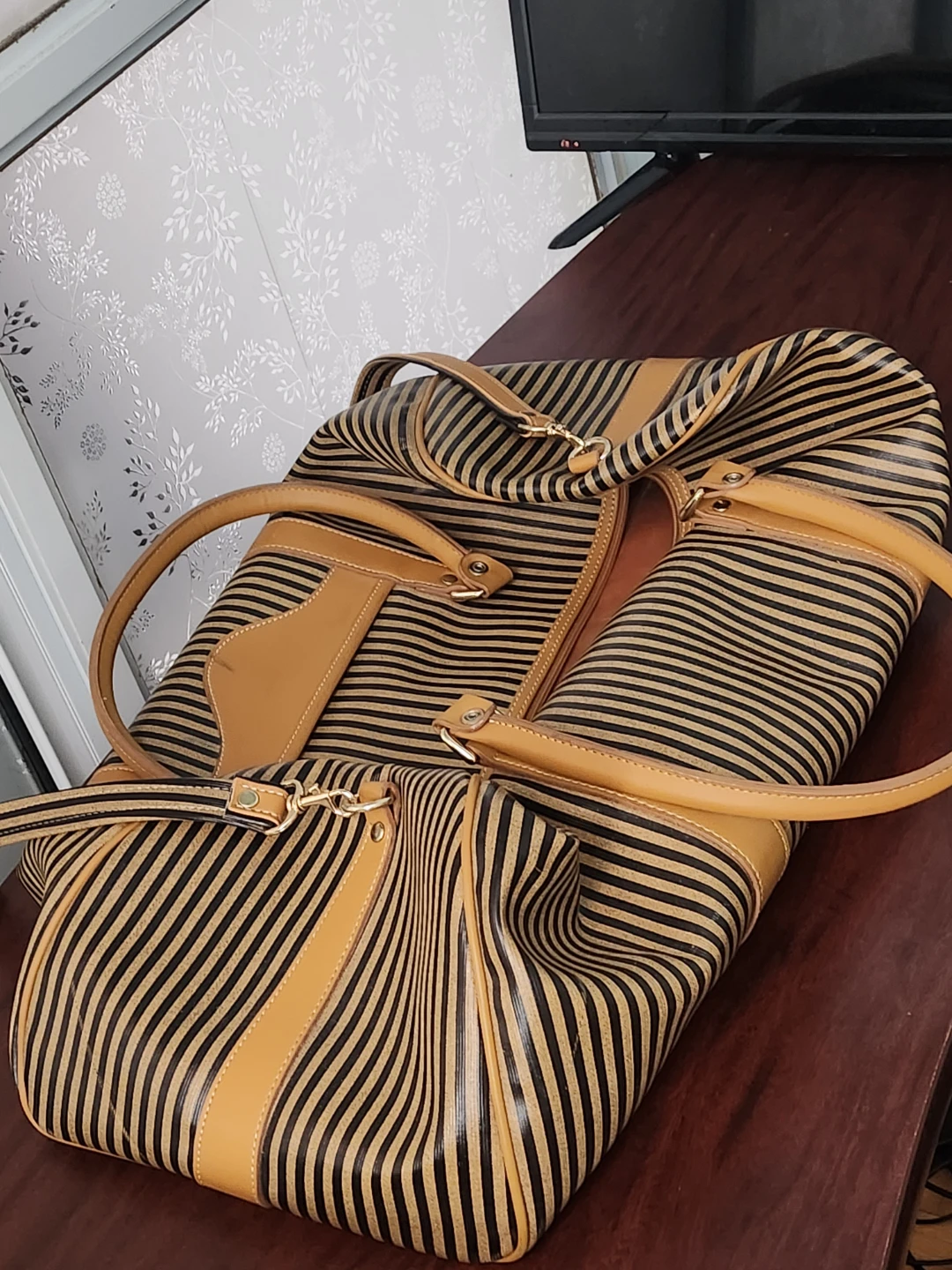 Striped Duffle Bag with Leather Accents - photo 2