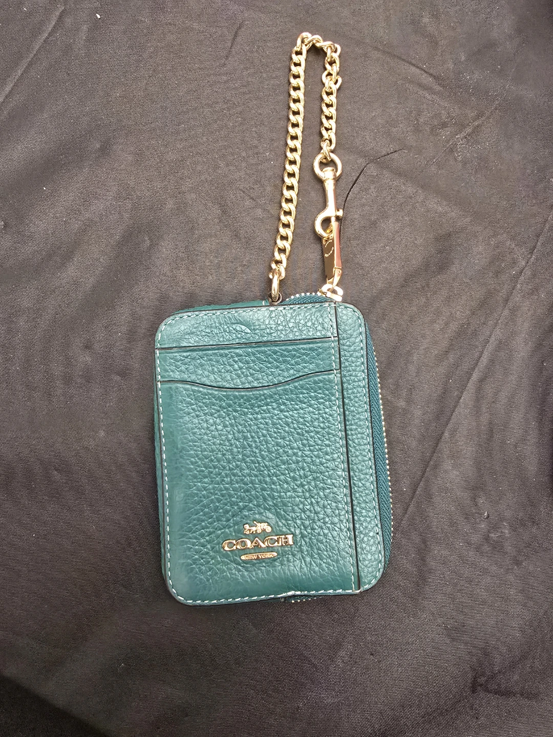 COACH Card Case Wallet with Chain - Teal Pebble Leather