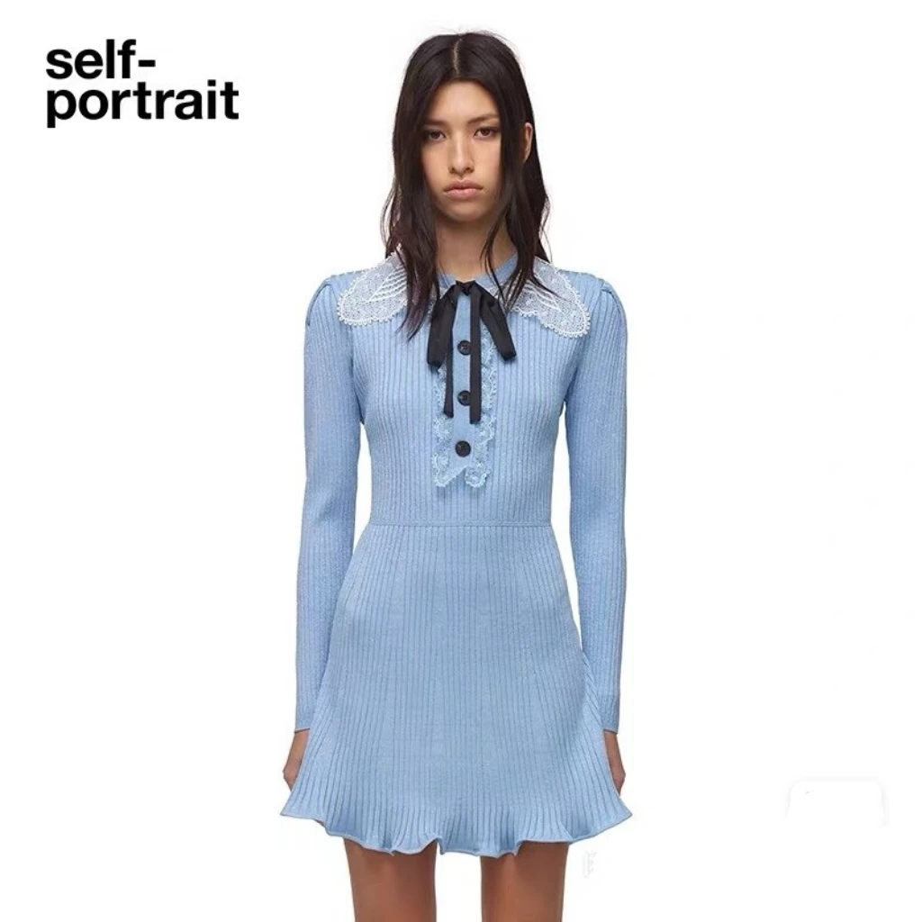 Self-Portrait Blue Ribbed Lace Collar Mini Dress