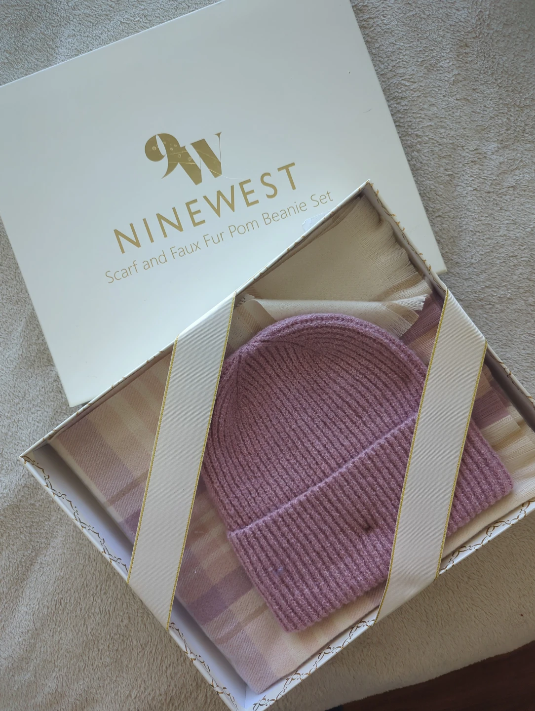 Nine West Scarf and Faux Fur Pom Beanie Set