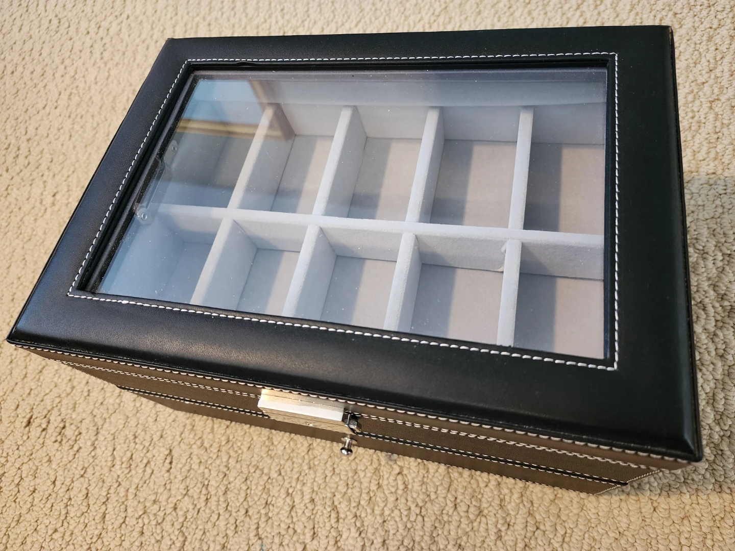 Black Faux Leather Watch Jewelry Box Case with Glass Lid