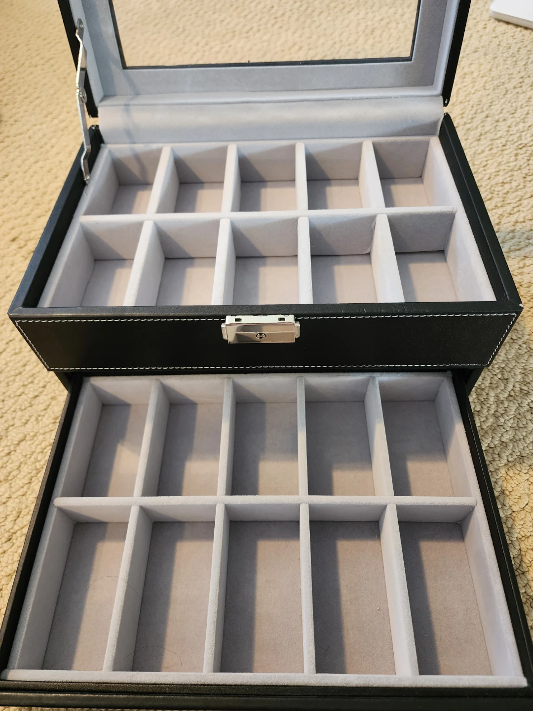 Black Faux Leather Watch Jewelry Box Case with Glass Lid - photo 3