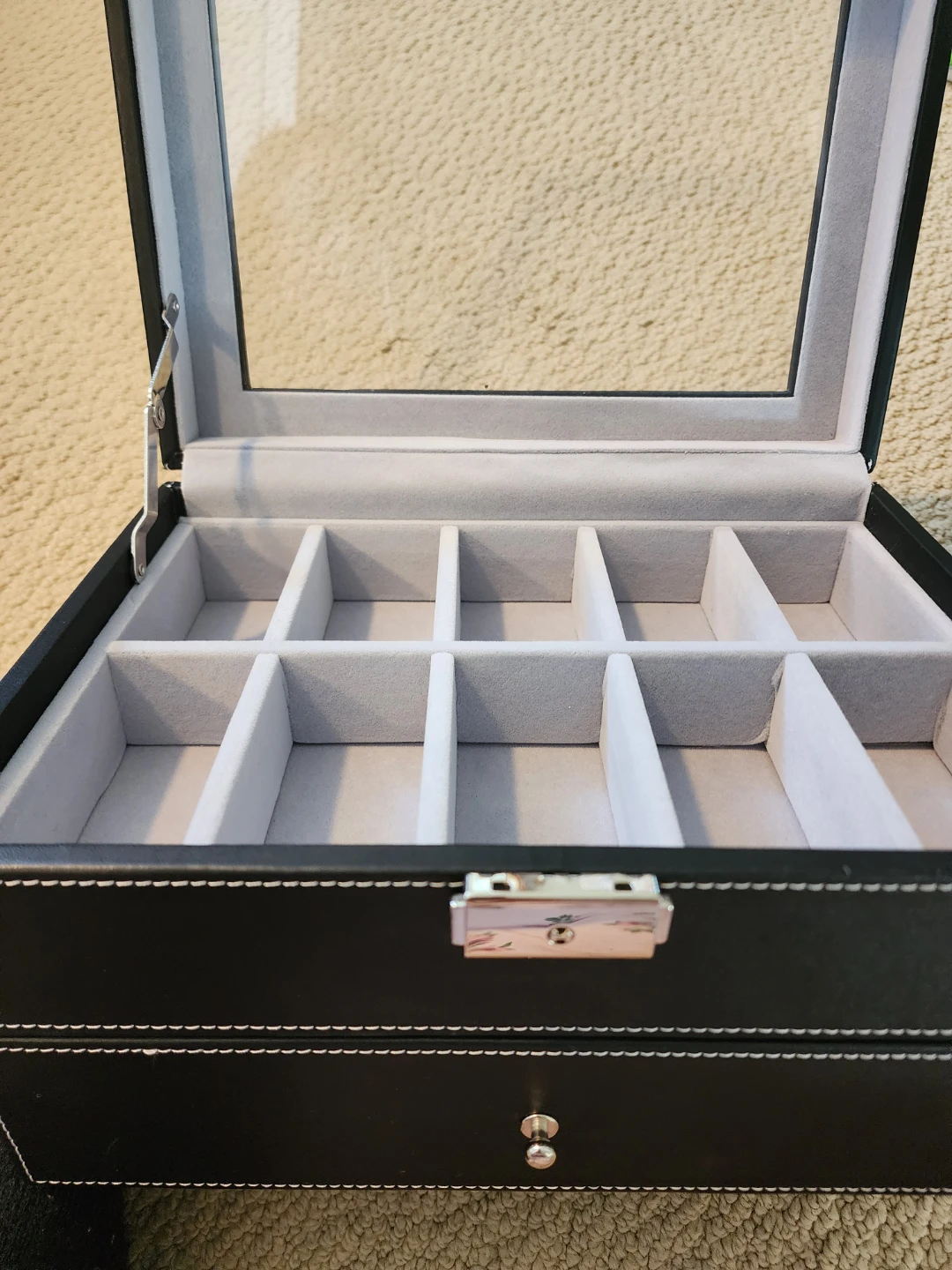 Black Faux Leather Watch Jewelry Box Case with Glass Lid - photo 4