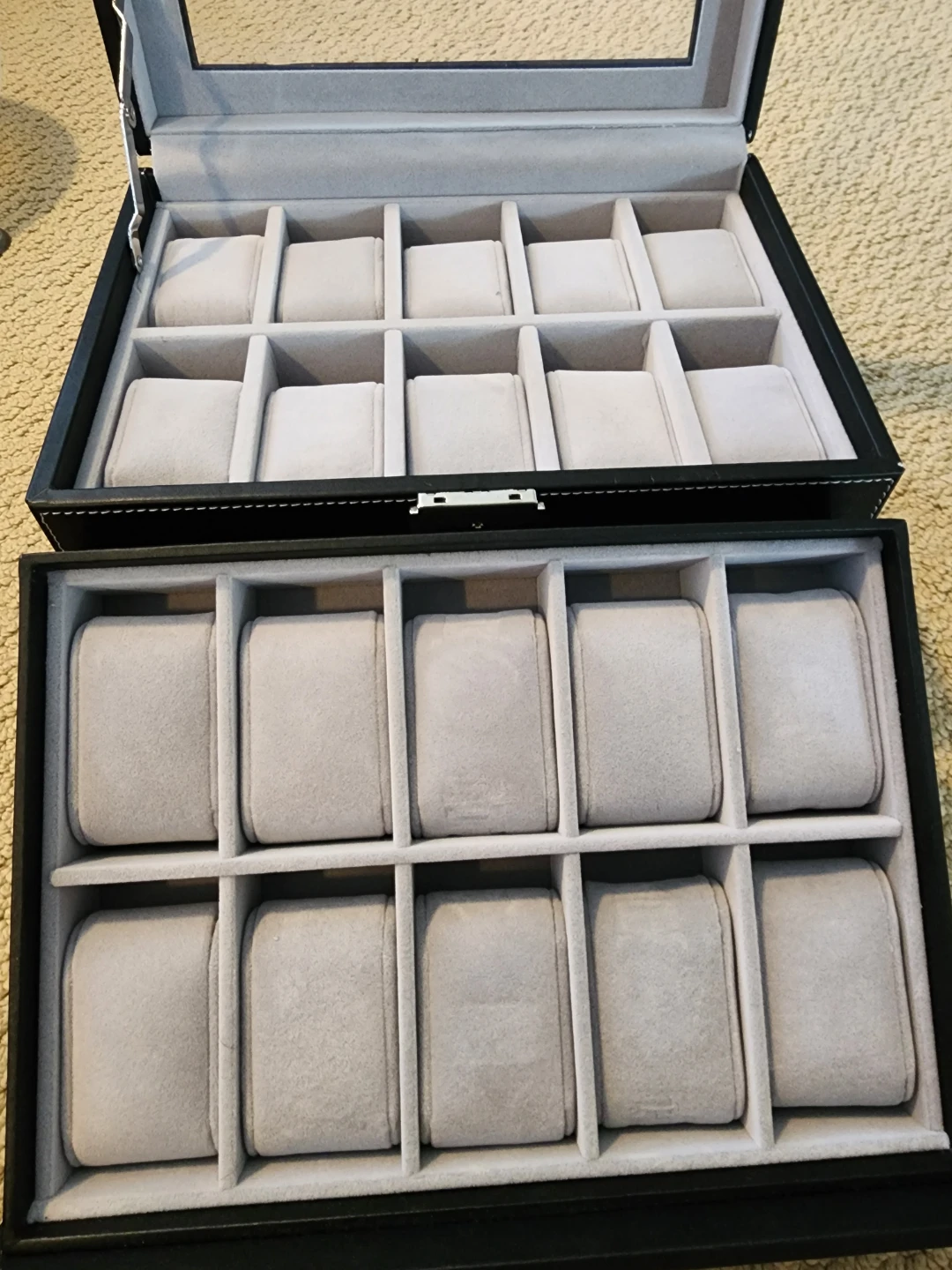 Black Faux Leather Watch Jewelry Box Case with Glass Lid - photo 5