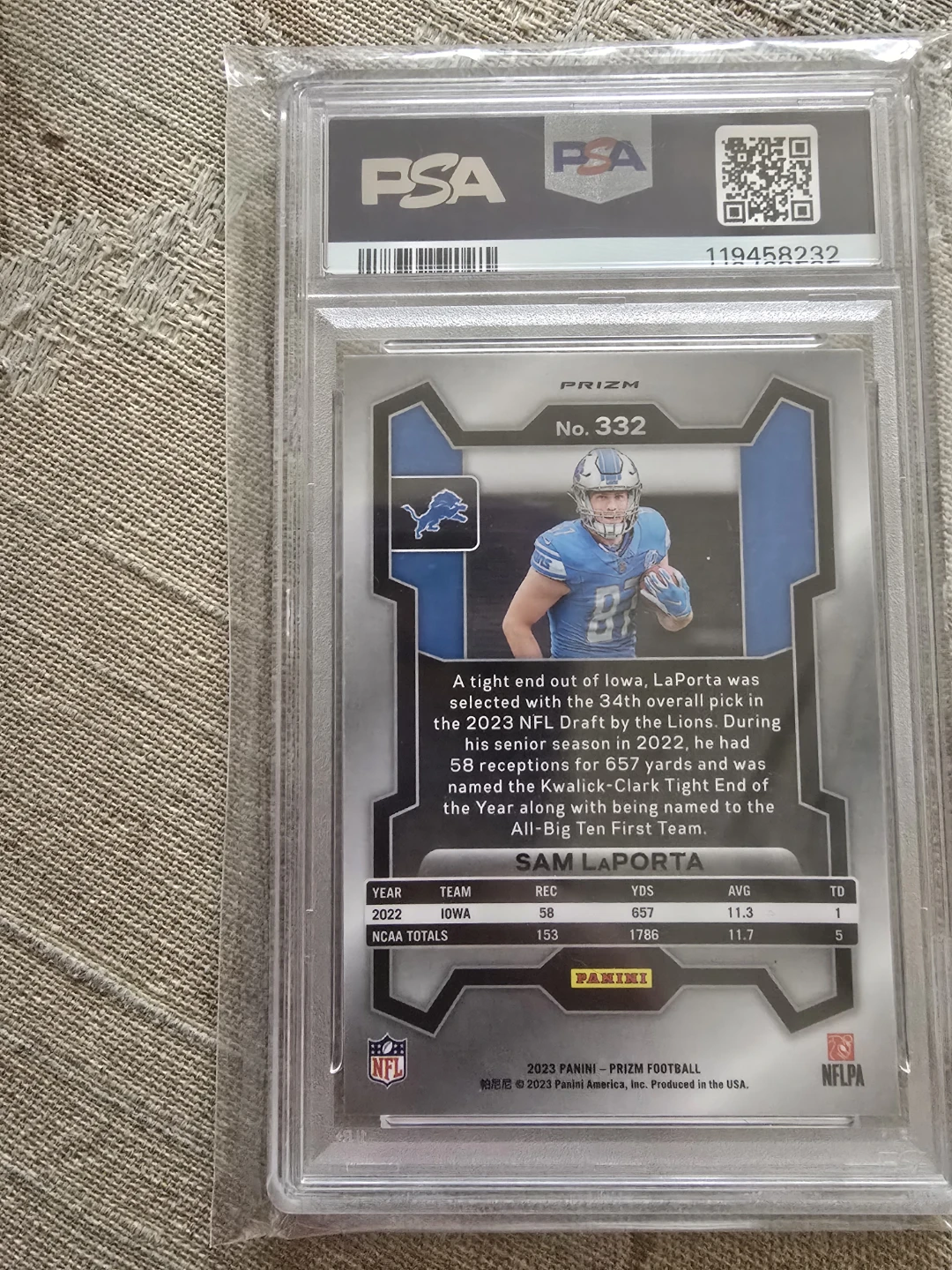 2023 Prizm Sam LaPorta Lazer Prizm #332 Card - photo 2