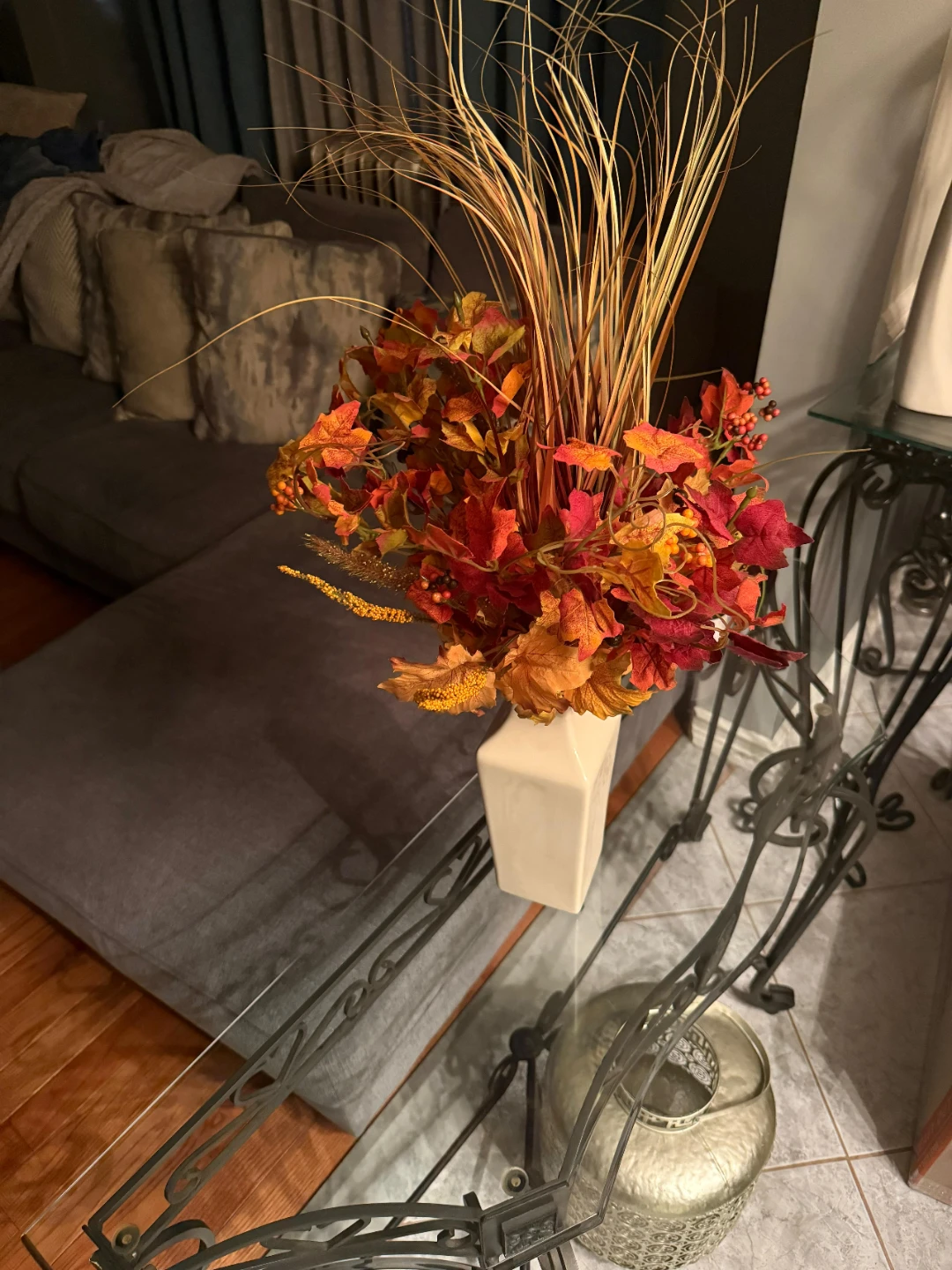 Artificial Fall Floral Arrangement with White Vase