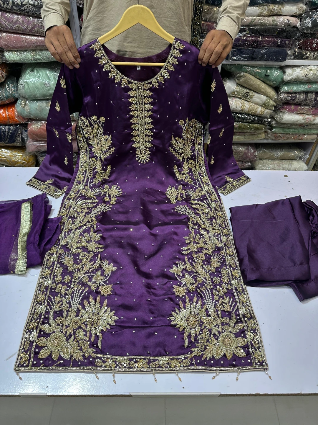 3 pcs heavy work silk suit