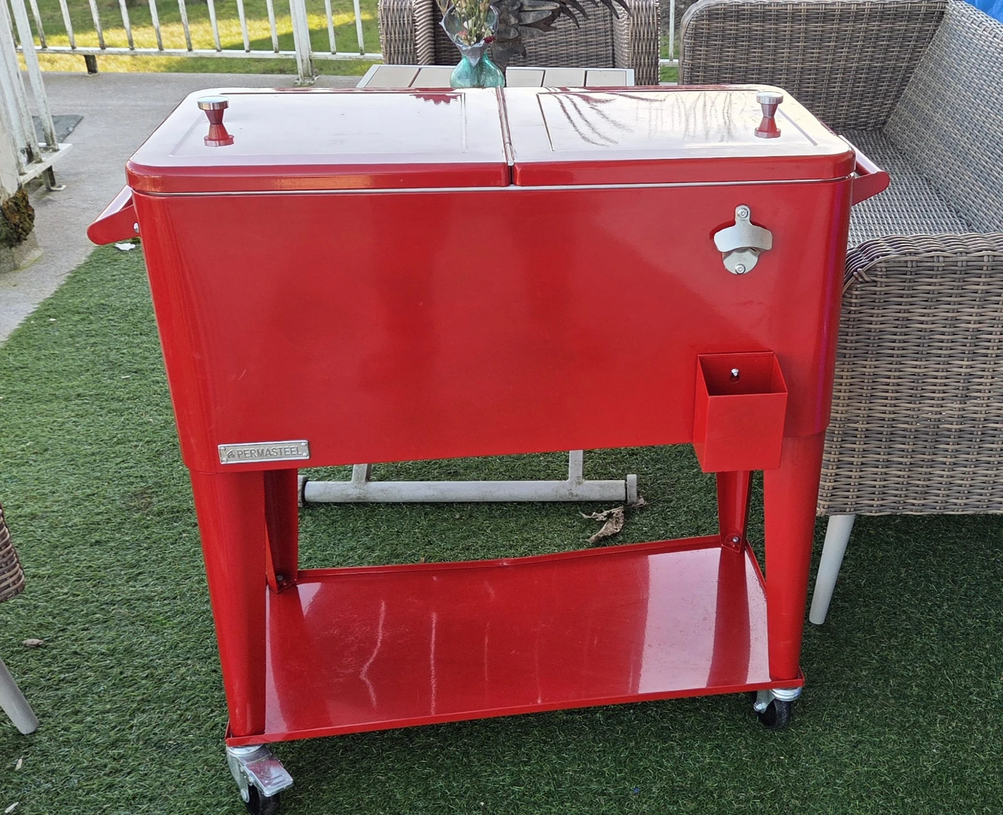 PermaSteel Red Rolling Patio Cooler w Bottle Opener