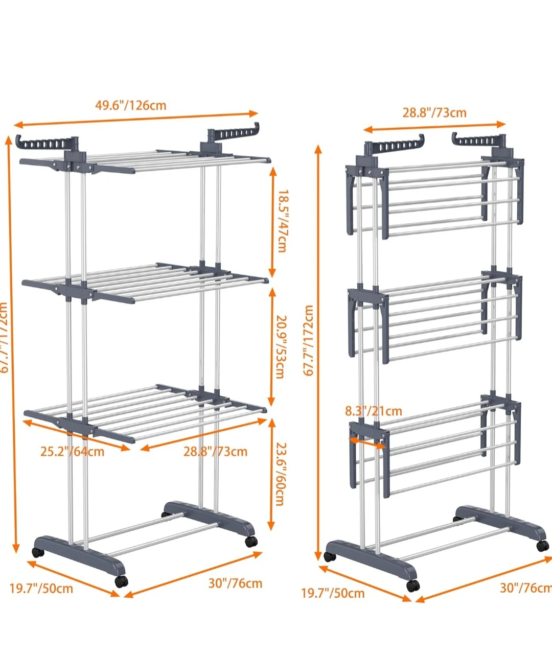 3-Tier Rolling Drying Rack with Foldable Wings