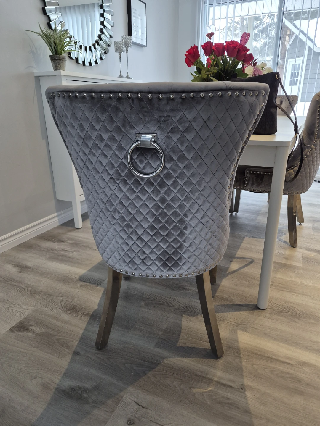 Grey Velvet Dining Chair with Ring Pull set of 4 - photo 2