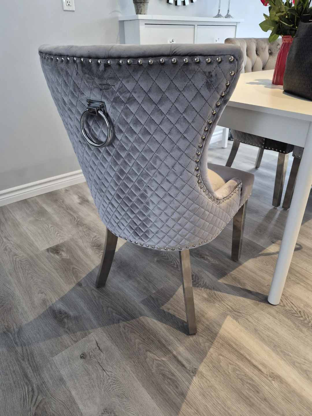 Grey Velvet Dining Chair with Ring Pull set of 4 - photo 3