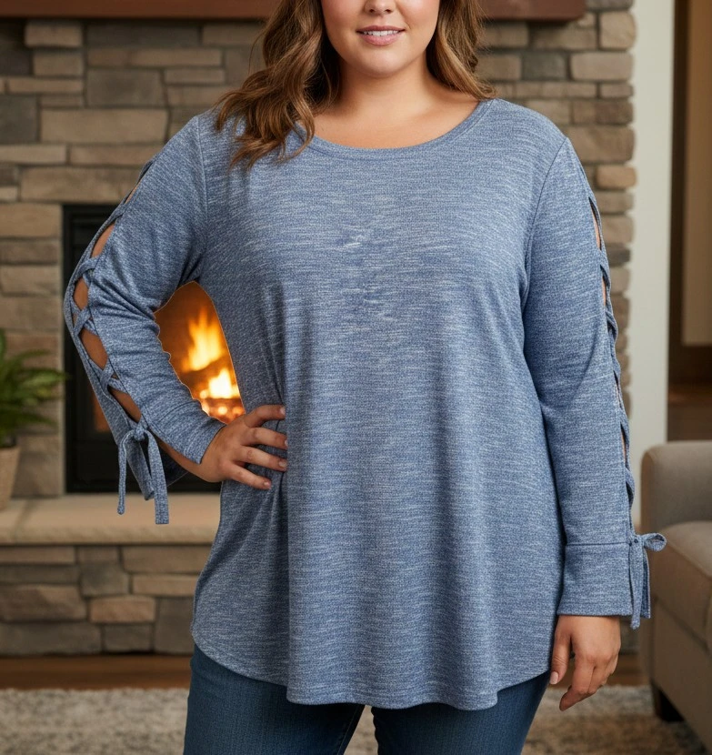 Terra & Sky Blue Marled Sleeve Tie Knit Top 3X - photo 5