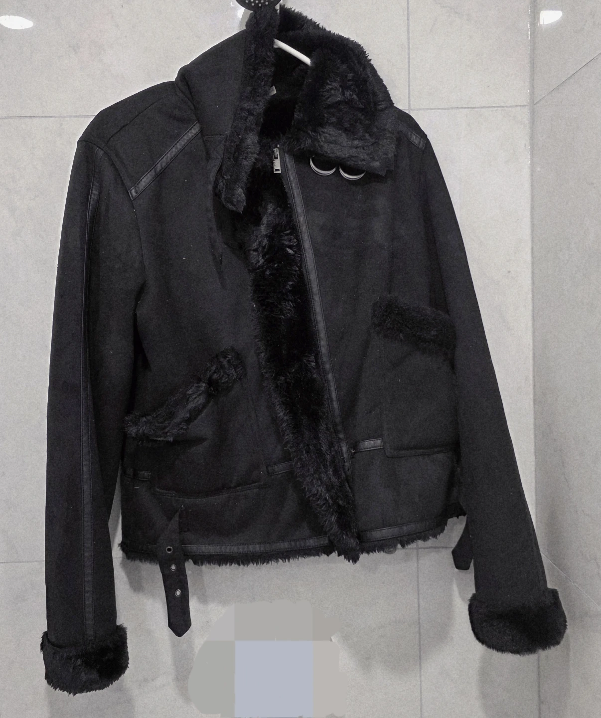 Black Faux Suede Aviator Jacket with Fur Trim