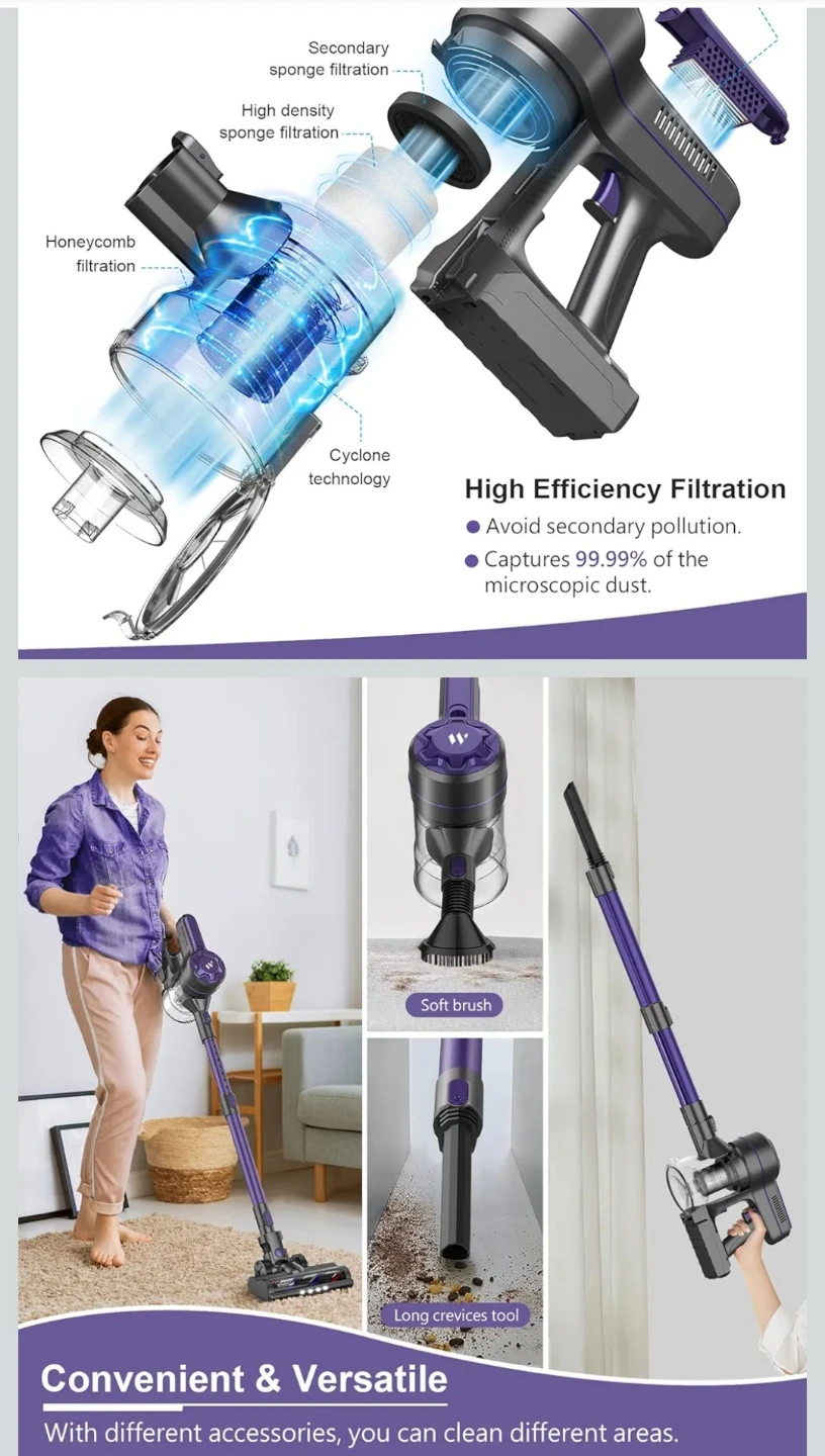 Purple Cordless Stick Vacuum Cleaner with 20kPa Suction - photo 2