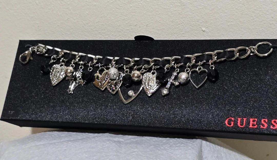 Guess Charm Bracelet Silver Tone Black Beads Hearts Cross - photo 2
