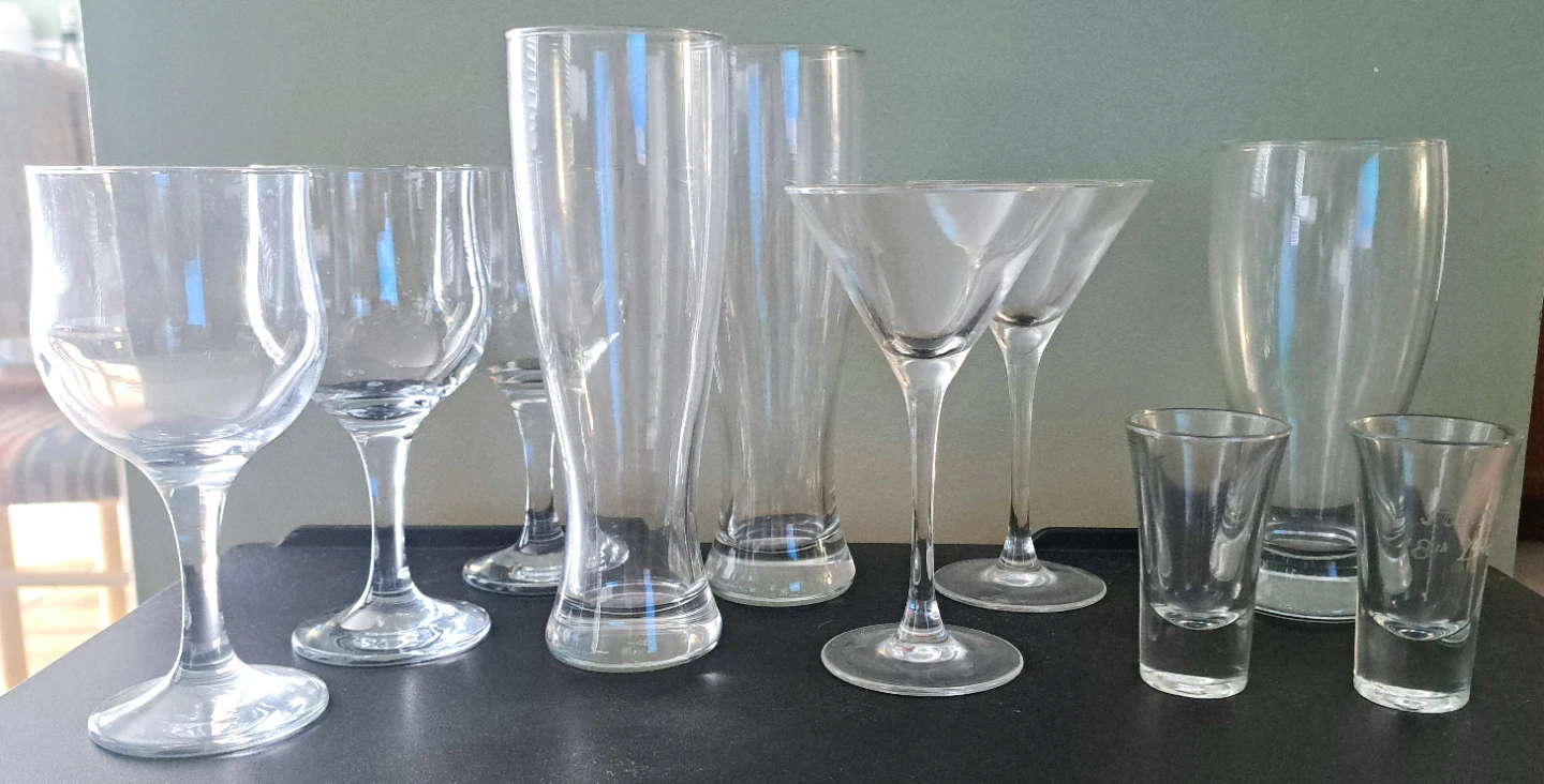 Wine, beer and shot glasses
