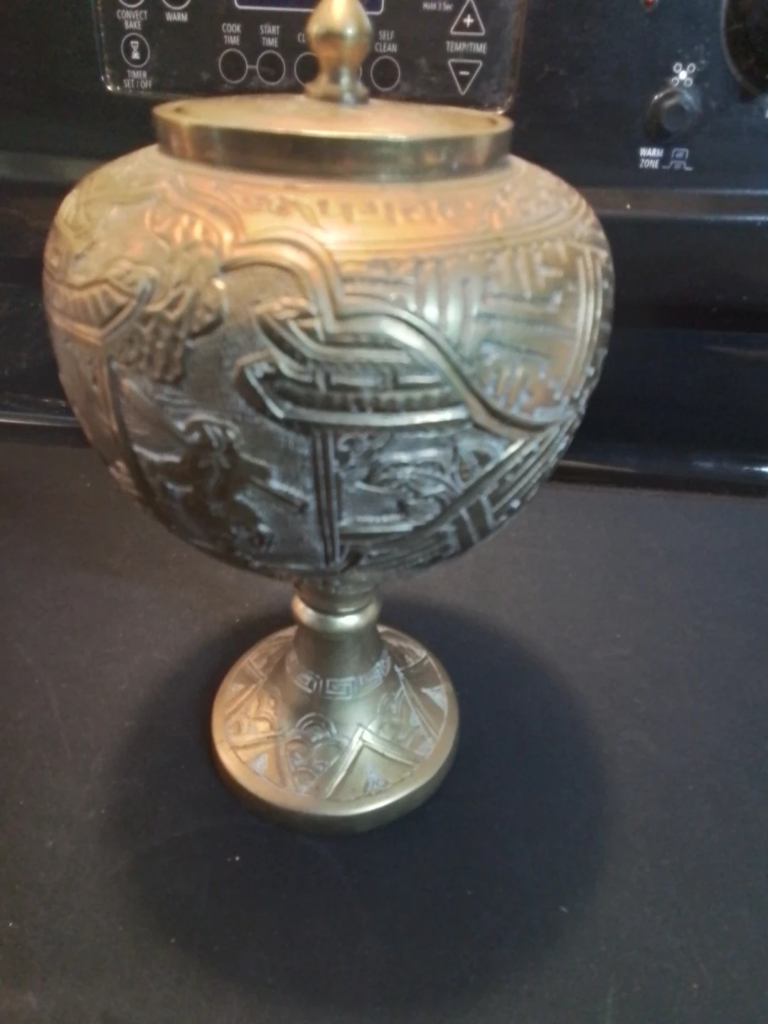 Antique Asian Hand Engraved Brass Lidded Urn 9"