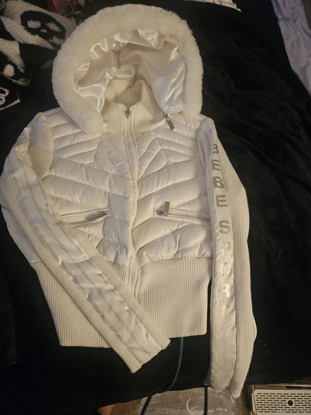 Bebe Sport White Puffer Jacket with Fur Hood