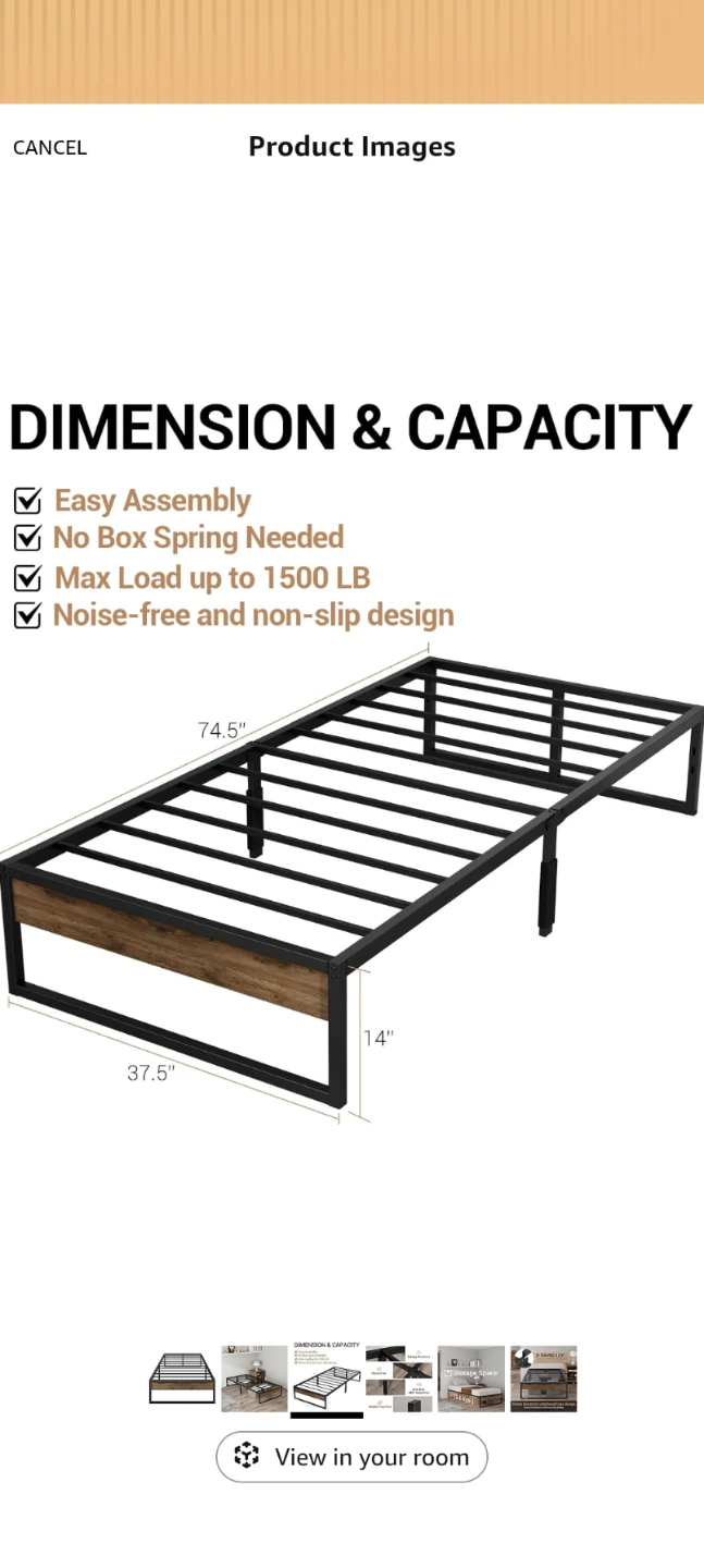 Metal Twin Bed Frame with Wood-Style Headboard