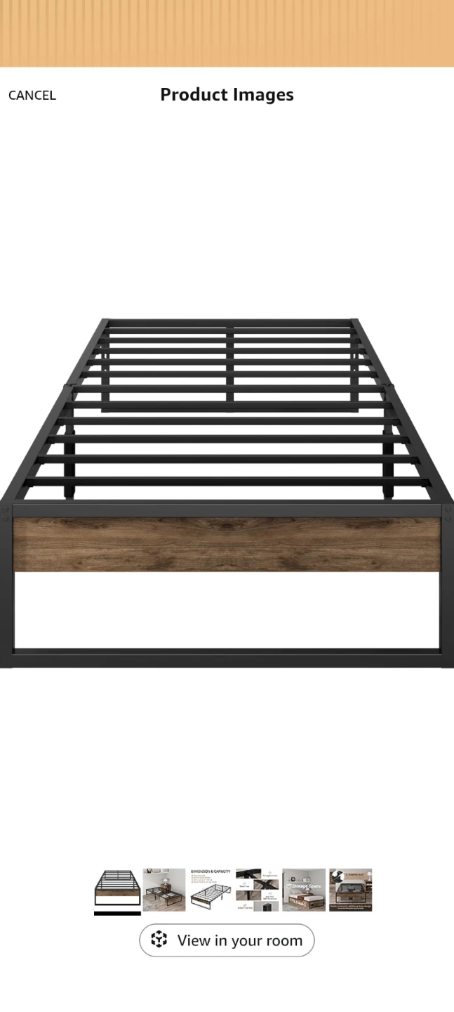 Metal Twin Bed Frame with Wood-Style Headboard - photo 2
