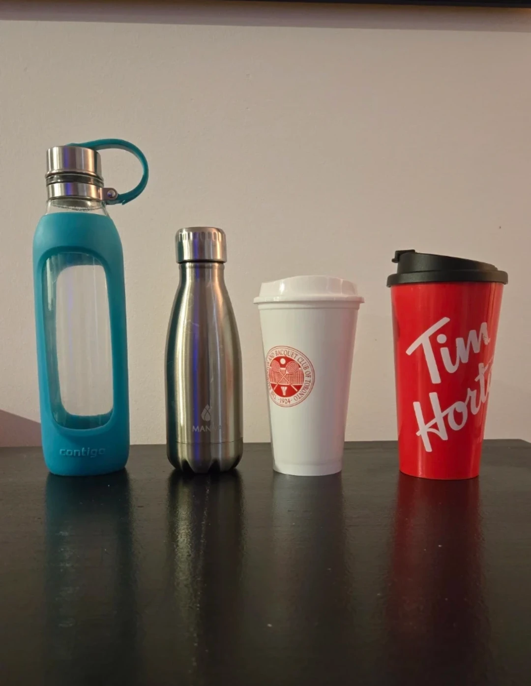Water Bottles and Coffee Travel Mugs (Contigo, Tim Hortons,)