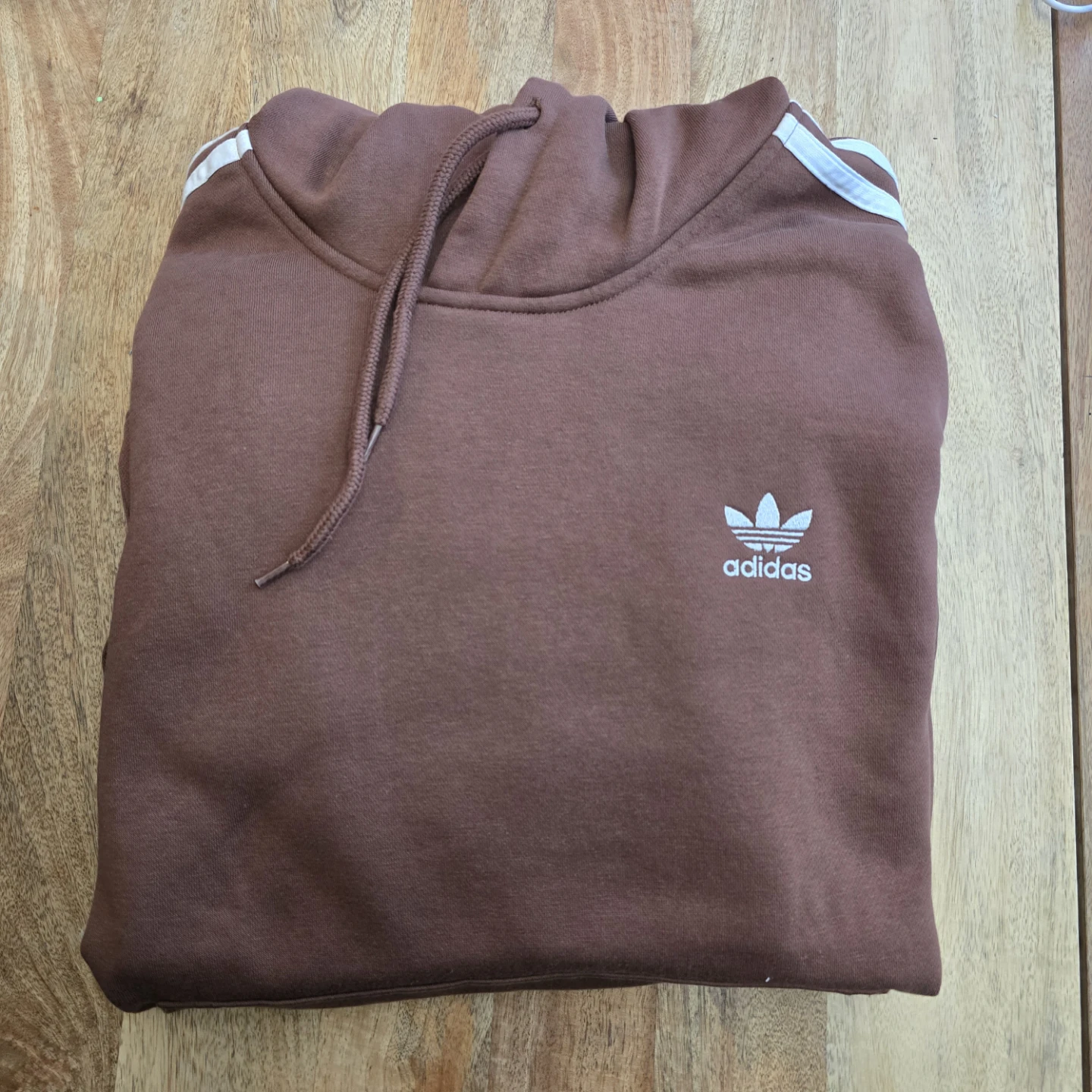 Adidas Brown Hoodie with White Stripes - Size L