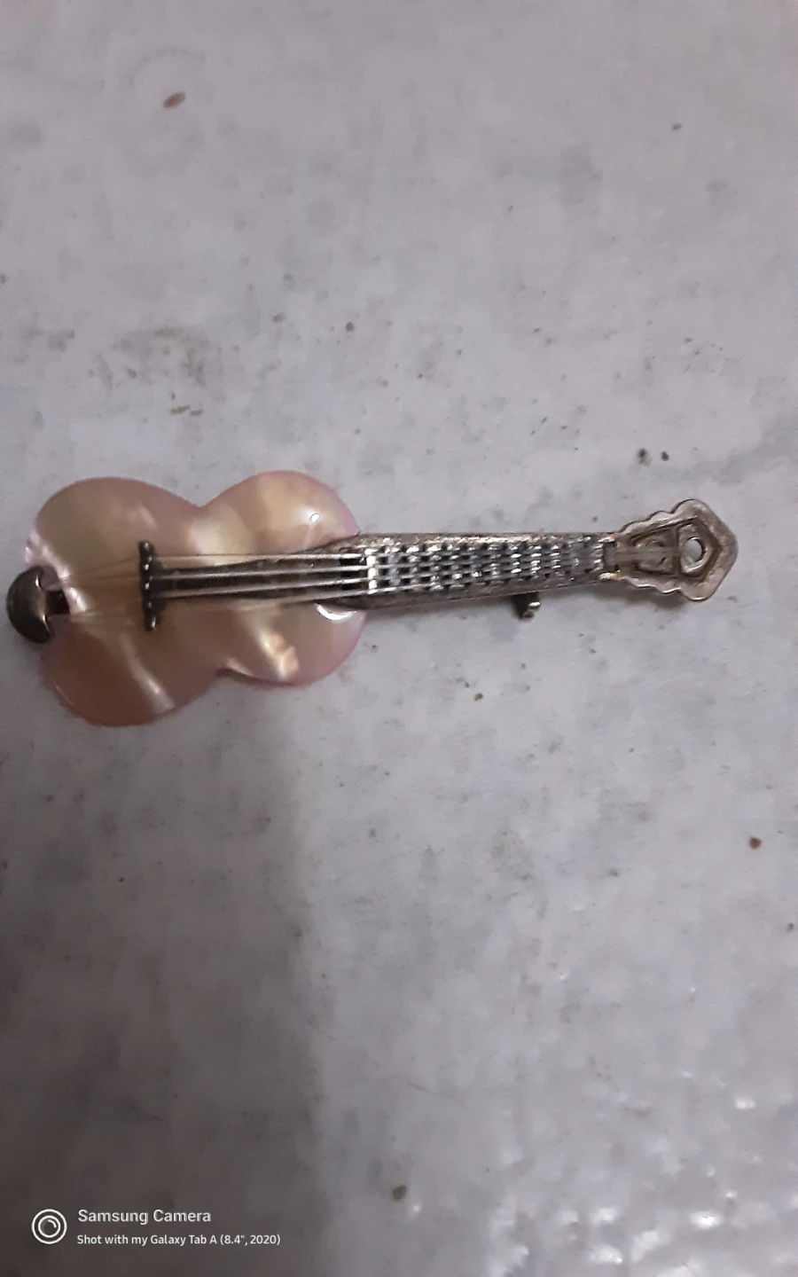 Guitar Brooch Pin with Mother of Pearl and silver
