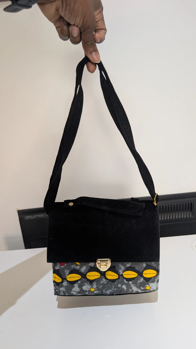 Black Suede and Fabric Shoulder Bag with Pattern