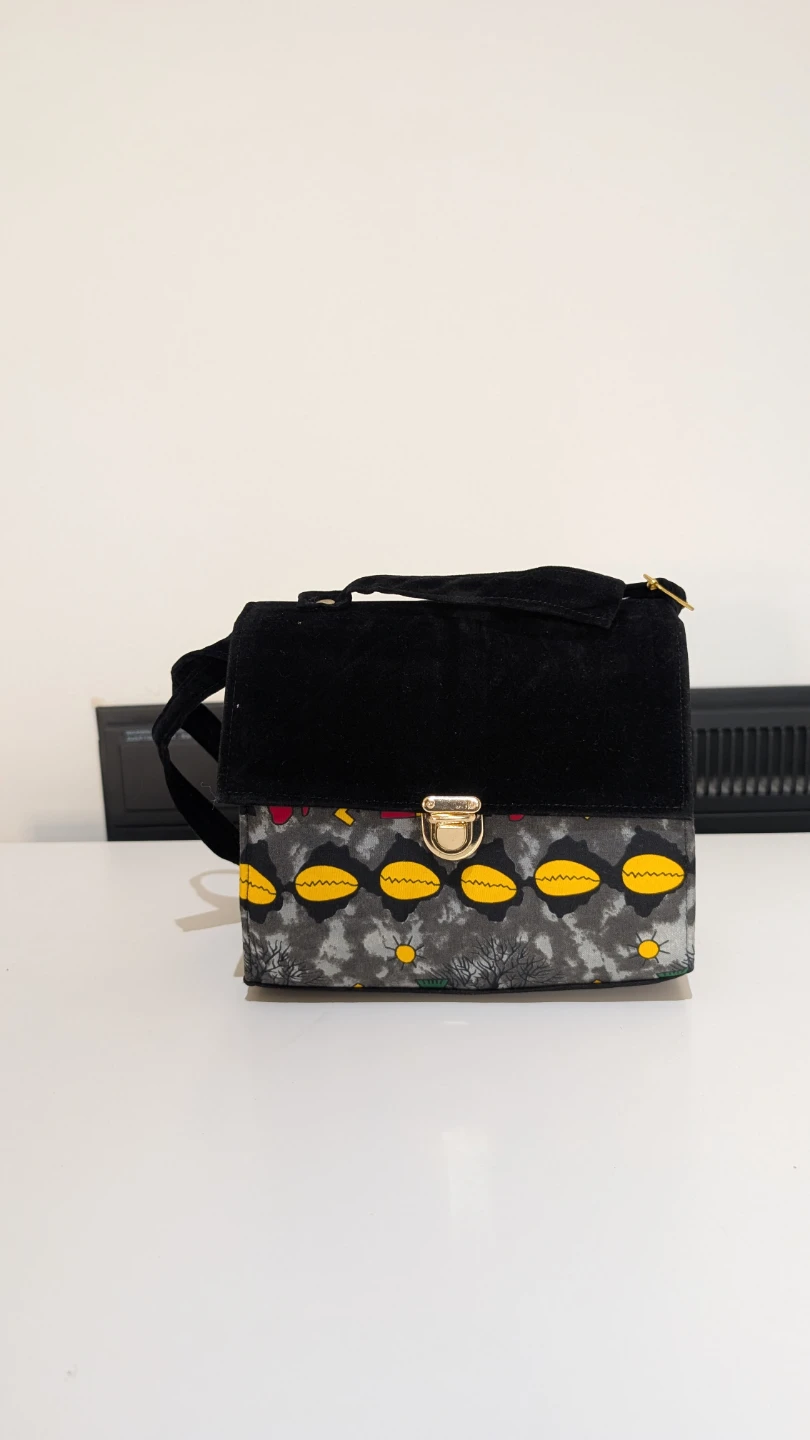 Black Suede and Fabric Shoulder Bag with Pattern - photo 2