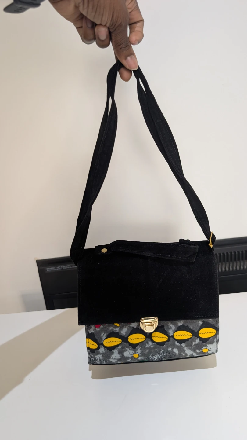 Black Suede and Fabric Shoulder Bag with Pattern - photo 3