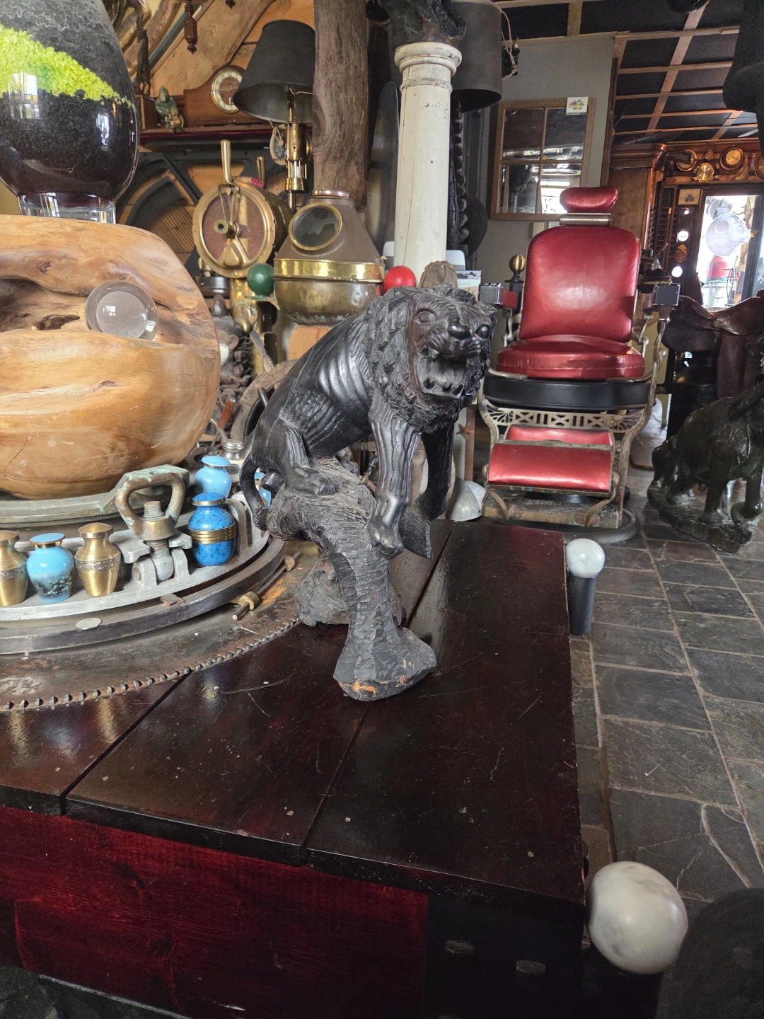 Carved Wooden Lion Sculpture