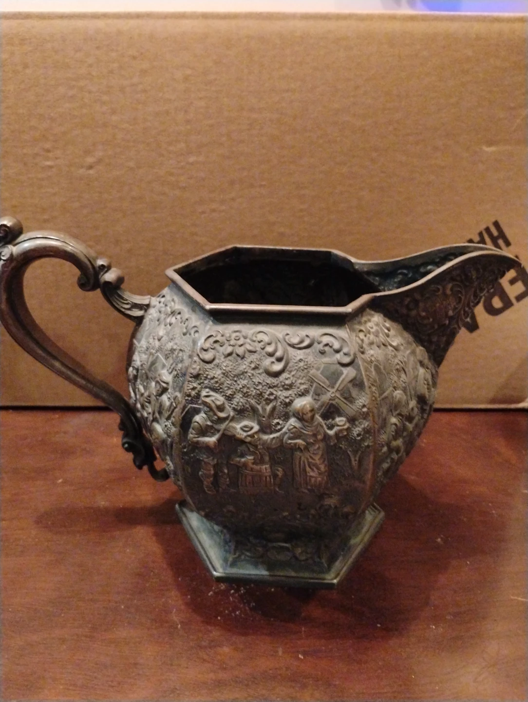 Vintage Embossed Metal Creamer Pitcher with Scene - photo 5