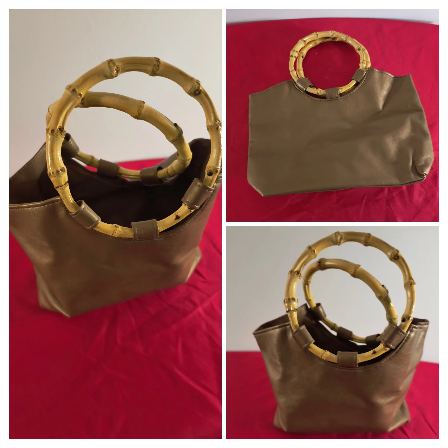 Gold Faux Leather Handbag with Bamboo Handles