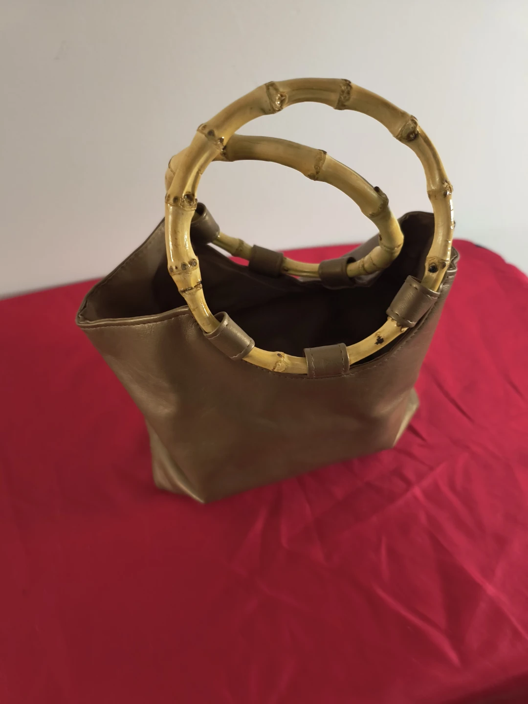 Gold Faux Leather Handbag with Bamboo Handles - photo 3