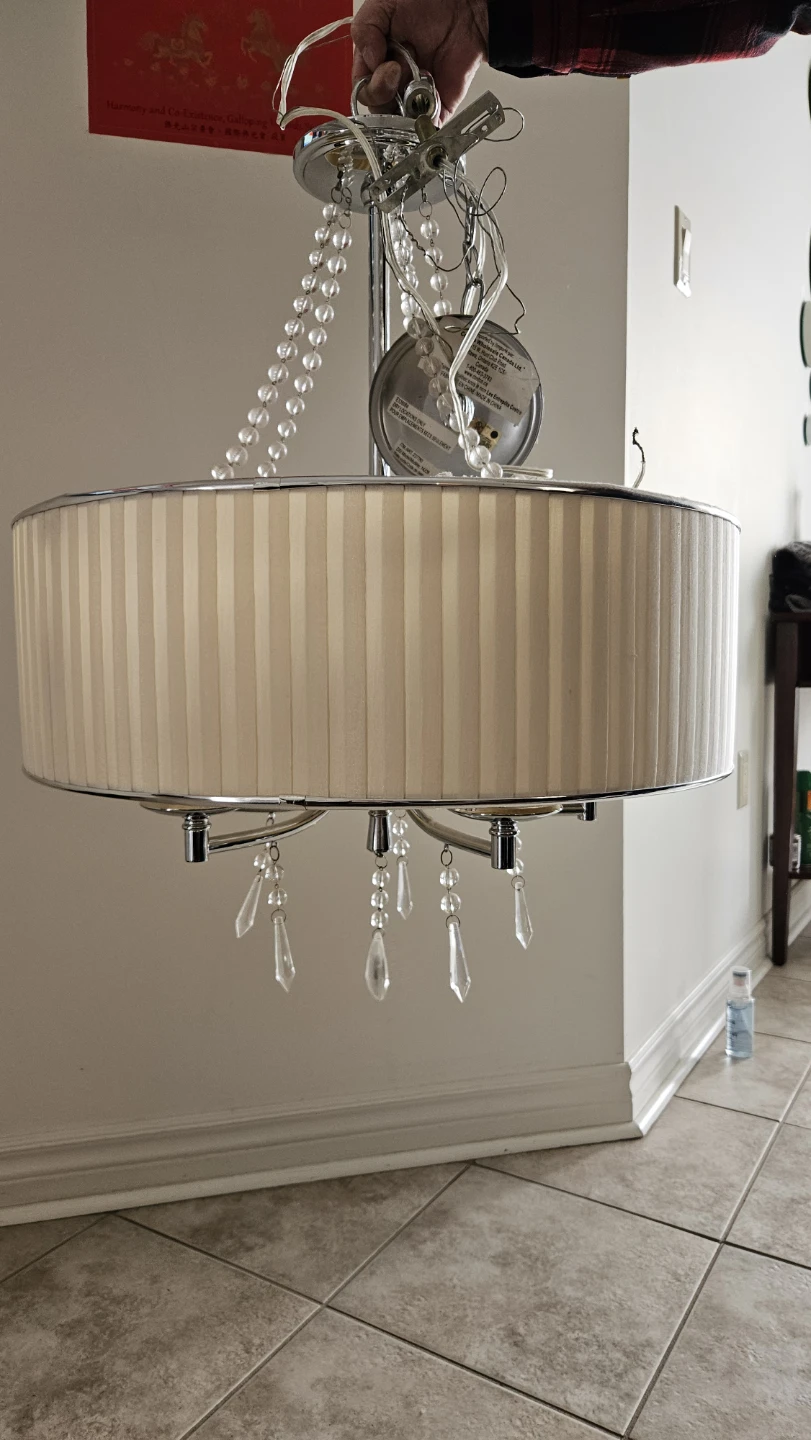 Chrome Drum Chandelier with Crystal Accents and Fabric Shade