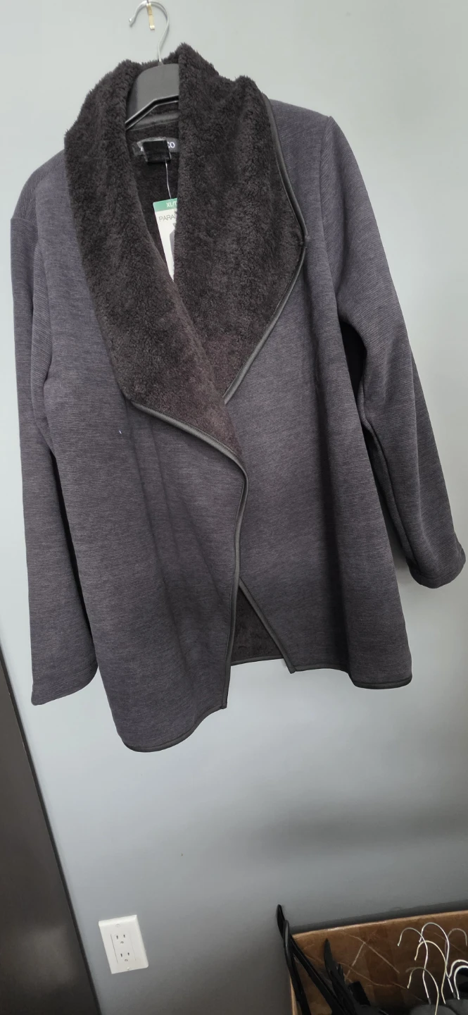 Women's Grey Fleece Black Shawl Collar Cardigan