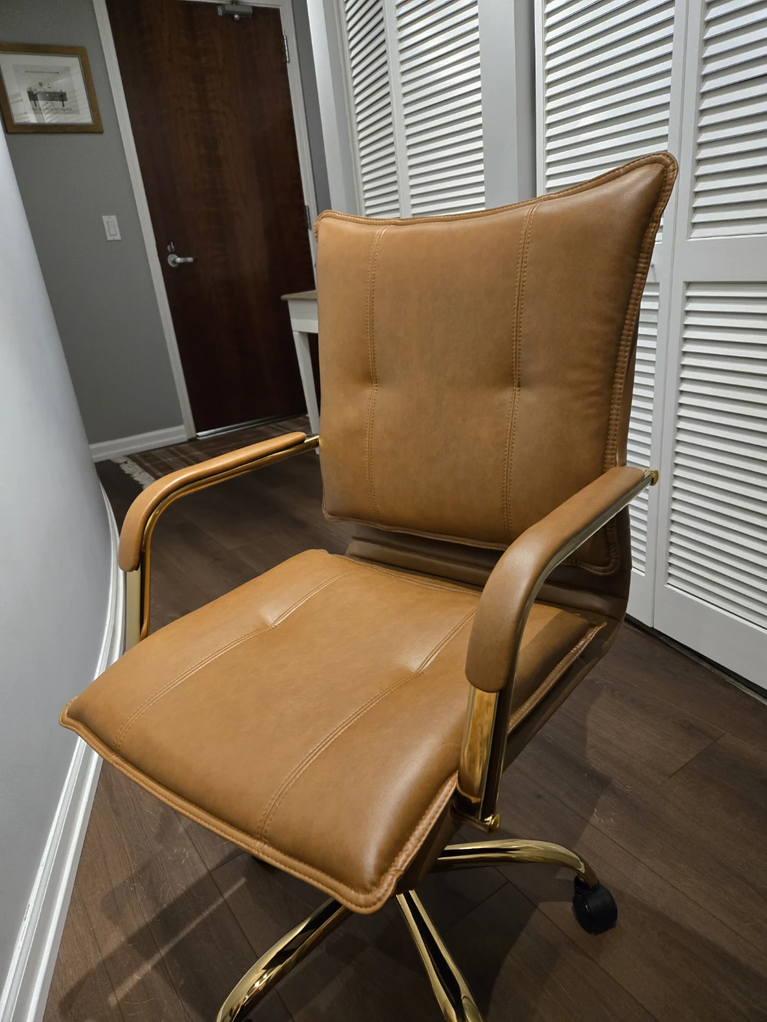 Brown Faux Leather Office Chair with Gold Accents