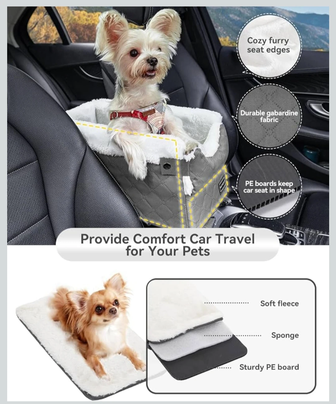 Center Console Dog Car Seat with Safe Protection Hooks,..