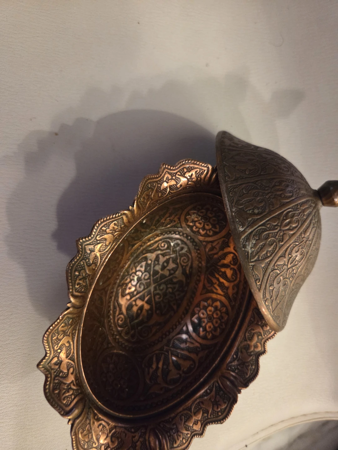 Antique Embossed Copper Trinket Dish with Lid