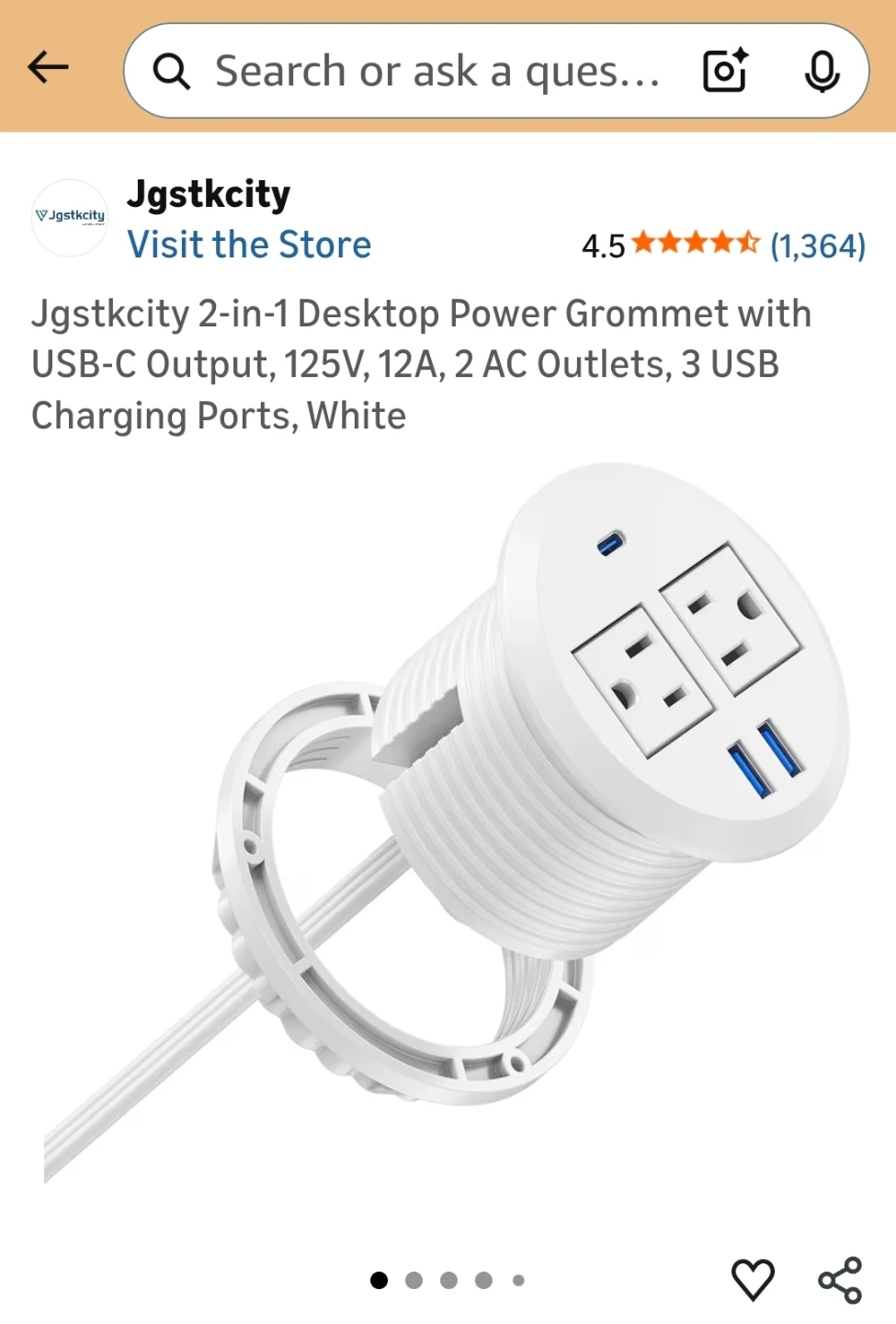 Table Power Strip Grommet with 2 AC, 2 USB-A, 1 USB-C Ports