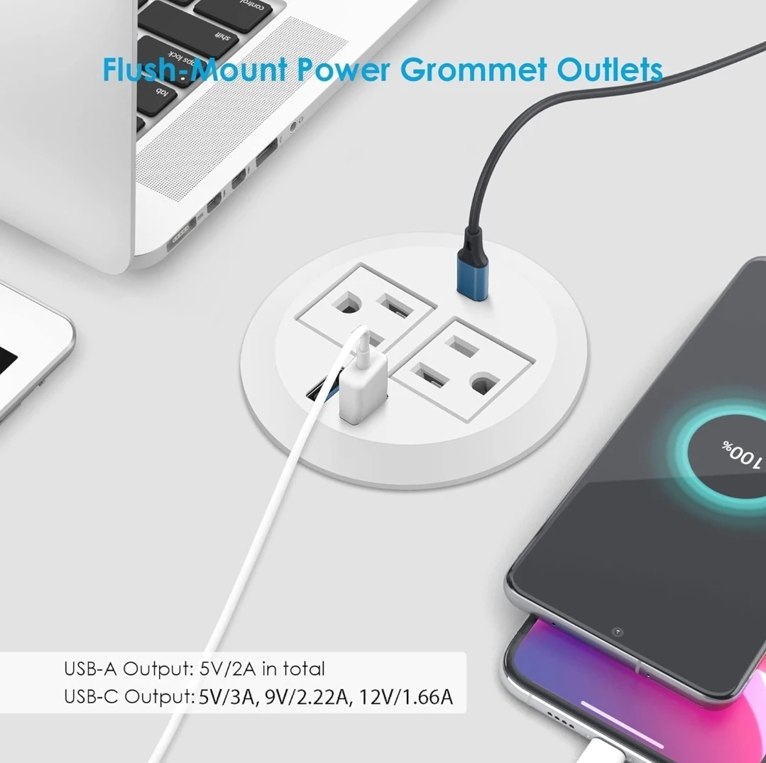 Table Power Strip Grommet with 2 AC, 2 USB-A, 1 USB-C Ports - photo 3