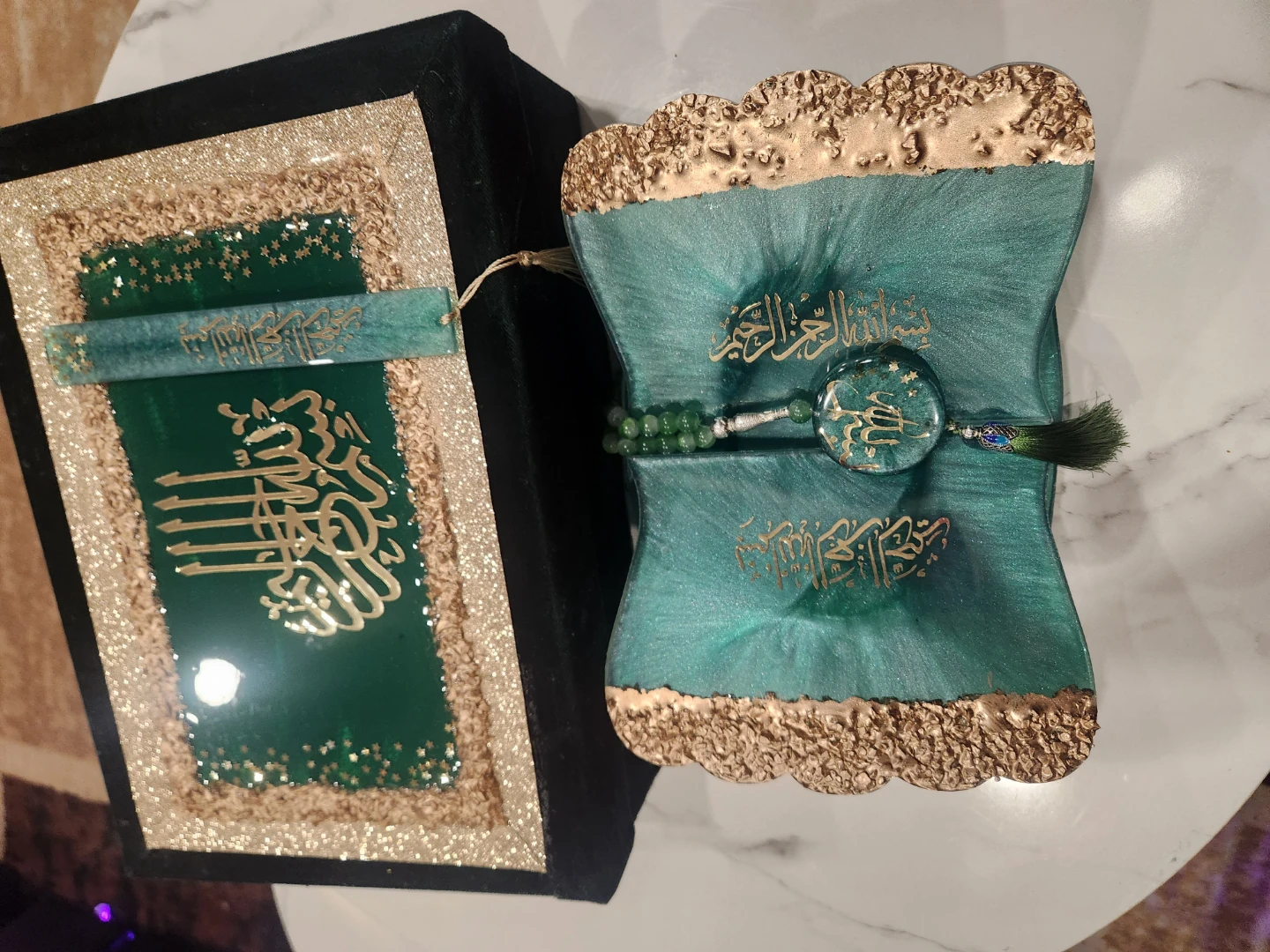 Teal & Gold Quran Stand with Prayer Beads and Bookmark