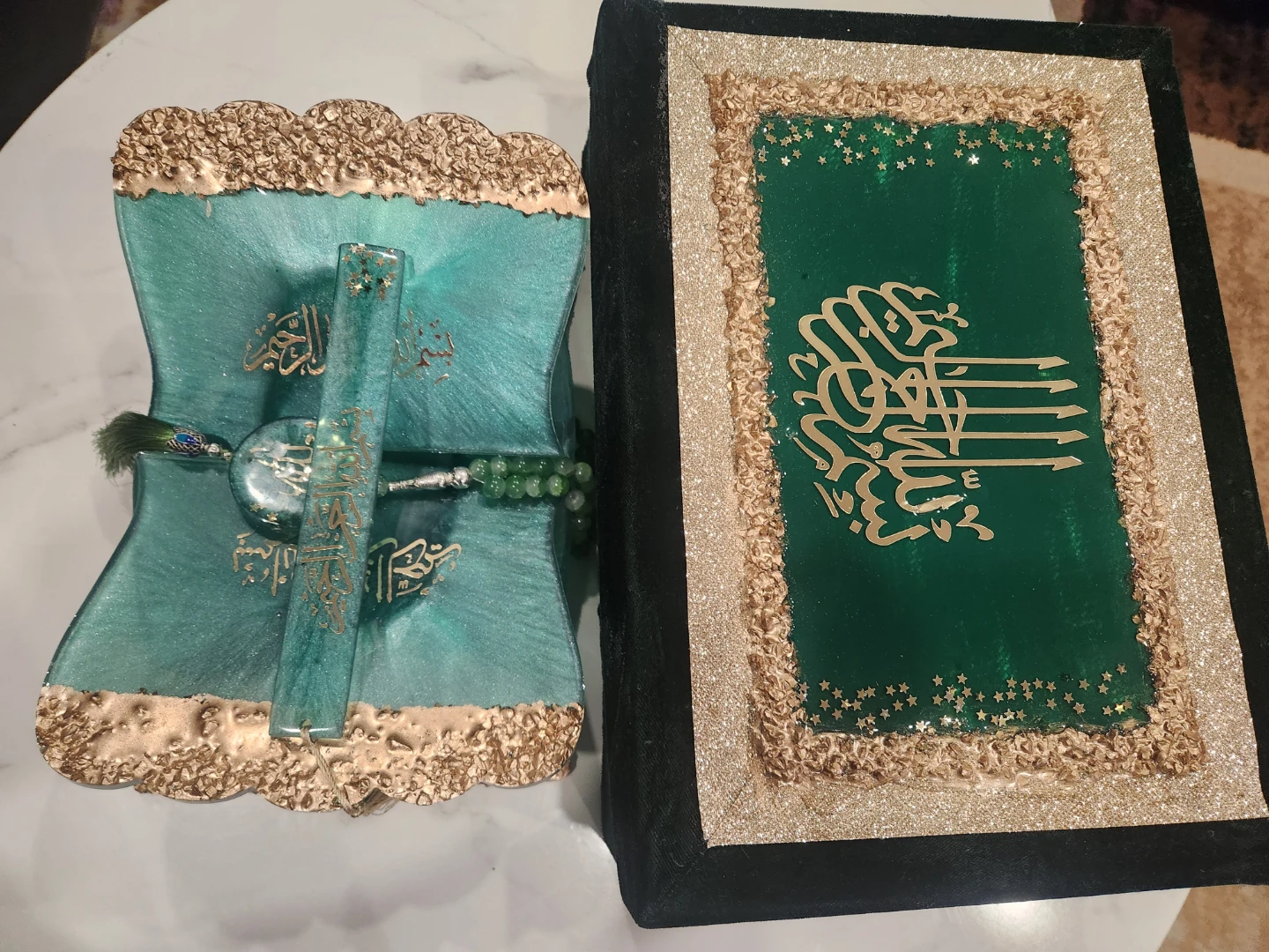 Teal & Gold Quran Stand with Prayer Beads and Bookmark - photo 2