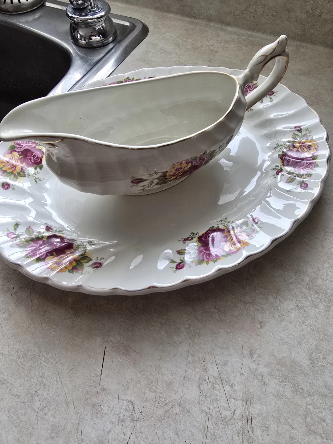 Myott Rose Garden Ironstone Gravy Boat with Underplate